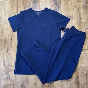 Mandala Scrub Set Womens XS Navy Blue Medical Nurse Tuck In Top Cargo Pants XSP
